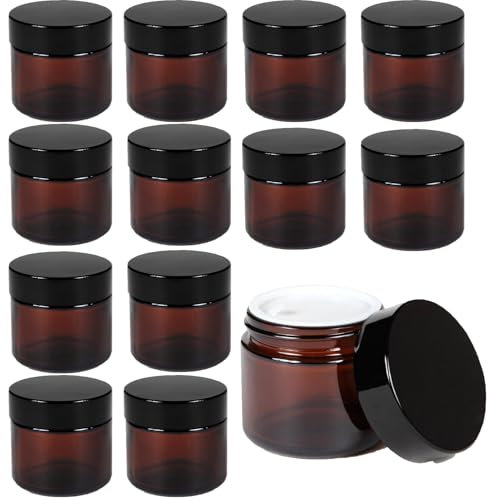 12 tarros vacíos de cristal ámbar, 50 ml, frascos de crema, recipientes vacíos, rellenables, con tapa y forro para cosméticos, cremas, lociones, aceites esenciales, botellas dispensadoras de polvo