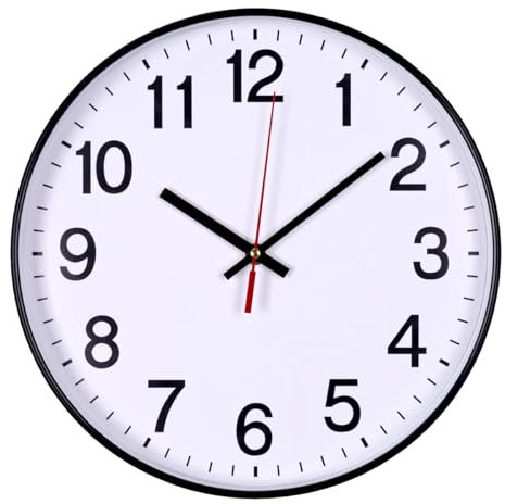 OFFICER PRODUCTS Wanduhr Kunststoff / 34 cm Schwarz/Arabische Ziffern Wand-Uhr/Quartz Lautlos Wanduhren, für Schule, Büro, Wohnzimmer, Küche/Analog Modern, Rund Dekorative