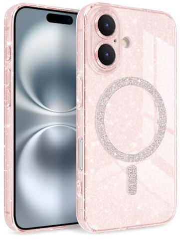Newseego für iPhone 16 Hülle, Glitzer Handyhülle 6,1 Zoll Kompatibel mit MagSafe Niedliche Bling Glitter Durchsichtige Schutzhülle Stoßfest für iPhone 16 Rosa