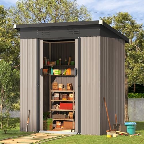Garden Storage Shed, Heavy-Duty 3x5ft Outdoor Metal Tool Shed with Sliding Lockable Doors, Weather-Resistant Workshop for Patio/Backyard, Easy Assembly