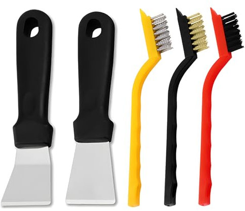 JXPXJMY 5PCS Cleaning Tool Set Including 2 Scrapers and 3 Brushes, Stainless Steel Multifunctional Scraper with Sharpening Stone for Stove Cookware Oven Floor Drain Refrigerator (Black)
