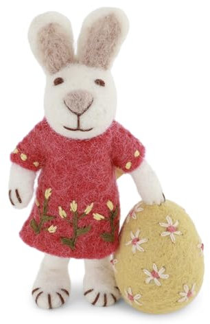 Én Gry & Sif handgefilzter Osterhase mit Ornament - Hase - Anhänger aus Filz - Ostern-Deko - fair Trade (weißer Hase mit rotem Kleid und Ei)