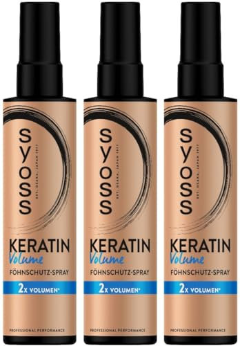 SYOSS Keratin Volume Föhnschutz-Spray (3x 200 ml), Hitzeschutz Spray bietet Hitzeschutz bis zu 230 °C, Volumen Föhn Spray mit Keratin für Anti-Platt-Volumen-Effekt vom Ansatz an