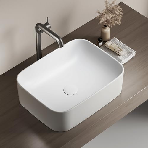EMKE Lavabo de apoyo rectangular 50,5 × 38 × 15 cm – Lavabo para WC invitados, lavabo de cerámica para baño, blanco mate