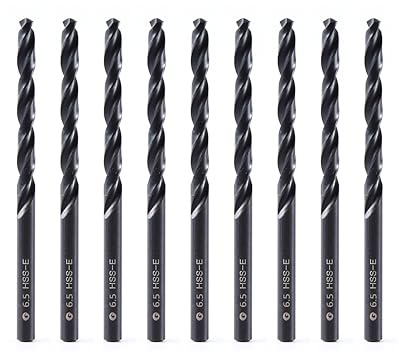 DelitonGude 6.5 mm HSS M35 Cobalt Twist Drill Bit, High Speed Steel, Set of 10, Suitable for Steels, Cast Iron and Other Metals (6.5 mm)