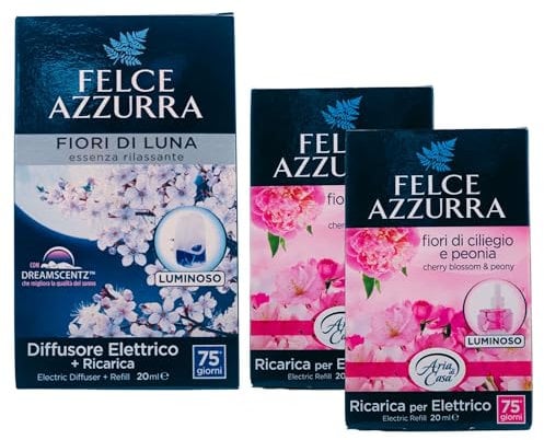 Set Felce Azzurra: Confezione Diffusore Elettrico Luminoso+Ricarica 20ml Fiori di Luna, Essenza Rilassante+2X Ricarica per Diffusore Elettrico 20ml (Diff. con Ricarica+2xFIORI di CILIEGIO E PEONIA)