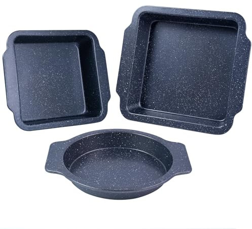 EazyBreezy Set of 3 Non-Stick Baking Tray Set Roasting Pan with Handles Carbon Steel Cake Tin Oven Trays Roasting Tin Oven Safe Up to 220°C - 3 Sizes, Round & Rectangular