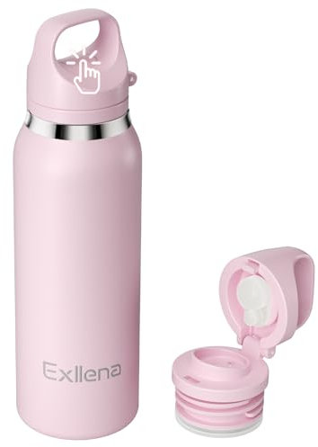 Exllena Gourde Isotherme 650ml avec Design d’Ouverture Rapide - Bouteille Isotherme avec Poignée, 100% Étanche, Parfaite pour le Sport et la Randonnée...(Rose)
