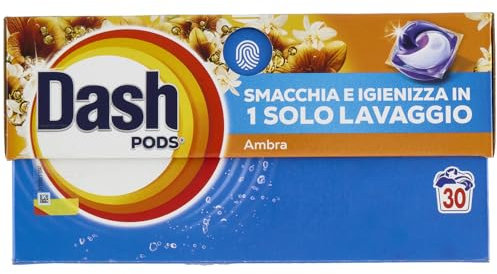 Dash Pods Detersivo In Capsule, 30 Lavaggi, Ambra, Rimuove le Macchie, Igienizza, Dona Freschezza, Brillantezza Per I Capi