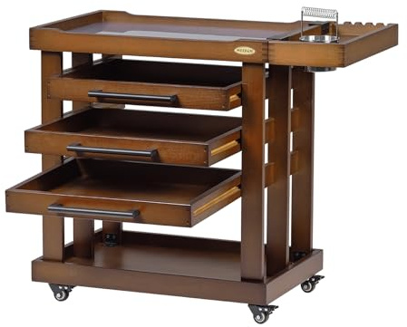 MEEDEN Art Supplies Storage Cart: 5-Tier Utility Rolling Cart | Solid Beech Wood Craft Orgnizer Trolley Cart with 3 Drawers on 4 Wheels - Walnut Color