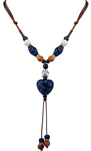 Hanary Boho Hippie Blue Navy Ceramic Heart Bead Strand Necklace, Bohemian Summer Statement Jewelry Gift for Women