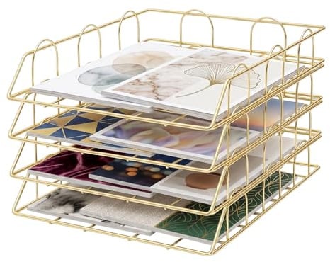 Ablagefach Schreibtisch Organizer & Büro Ablagefächer Stapelbar aus Metall - Briefablage A4, Dokumentenablage A4 Papierablage, Mesh Design - Für A4 Papier, Briefe, Dokumente (Gold)