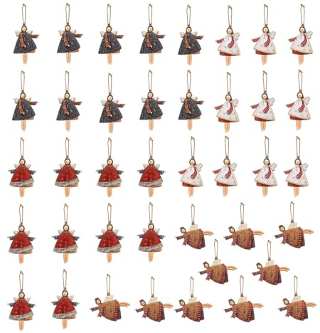 40 Engel Anhänger, Weihnachtsdeko Holz, Christbaumschmuck Set in Schwarz, Weiß, Rot und Braun, Dekoration für Weihnachtsbaum und Festtagsdekoration