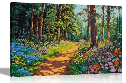 Artley Prints - Colourful Forest Vivid Summer Flowers Canvas Wall Art Prints for Living Room Home Bedroom Decor Pictures Extra Large 101 x 76cm (40 x 30 inches)