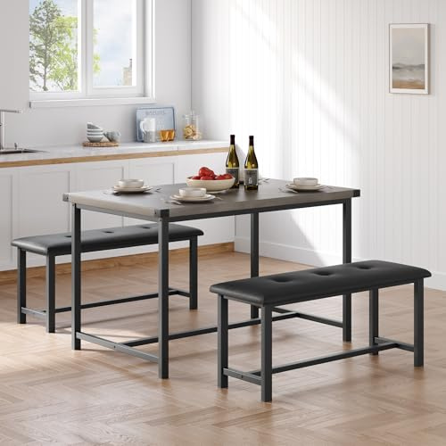 Garvee Esstisch mit 2 Bänken, Essgruppe 3-teilig Esszimmergruppe für 4 Personen Küchentischset mit Metallgestell 2 Polsterbänke Rechteckig Küchentisch-Set für Wohnzimmer, Esszimmer, Küche, Grau