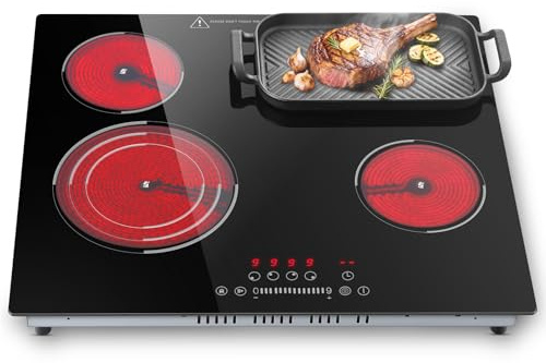 SNDOAS Plaque Vitrocéramique 4 Feux, Plaque de Cuisson Electrique Encastrable 59 cm avec Zone Ovale & Triple Couronne, 6700W, 9 Niveaux, Commande Tactile, Minuterie 1-99 min, Verrouillage Enfant, Noir