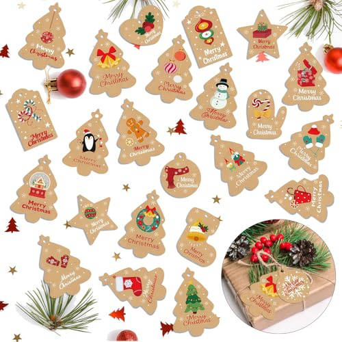 KLINNA 50 Stück Weihnachten Kraftpapier Etiketten | Geschenk Anhänger zum Beschriften mit 50 Stück Bindfaden, Weihnachtsanhänger für Weihnachtsgeschenke Weihnachtsbäume Flaschen Deko