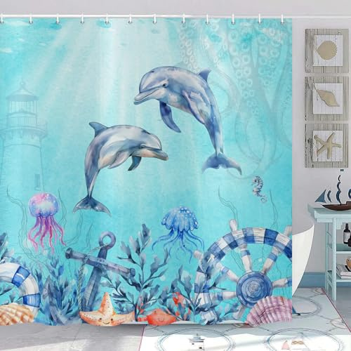 ASDCXZ Delphin Duschvorhang 180x200 cm, Blau Ozean Unterwasserwelt Welt Qualle Anker Nautisch Sommer Maritim Wasserdicht Badvorhang Polyester Textil Waschbar Duschvorhänge für Badewanne mit 12 Haken