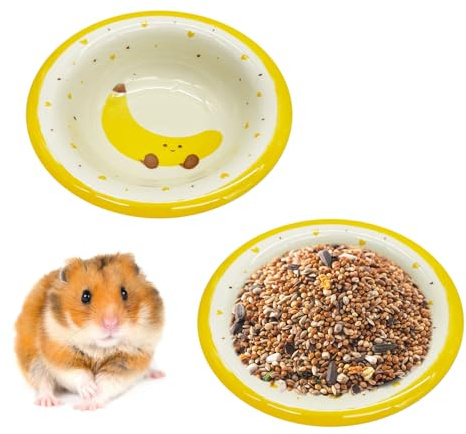 kathson Hamster Ceramic Food Bowl Small Animal Bowls with Banana Pattern for Cage Guinea Pig Anti-Turning Food and Water Dish Pet Feeder for Gerbil Hedgehog 2PCS