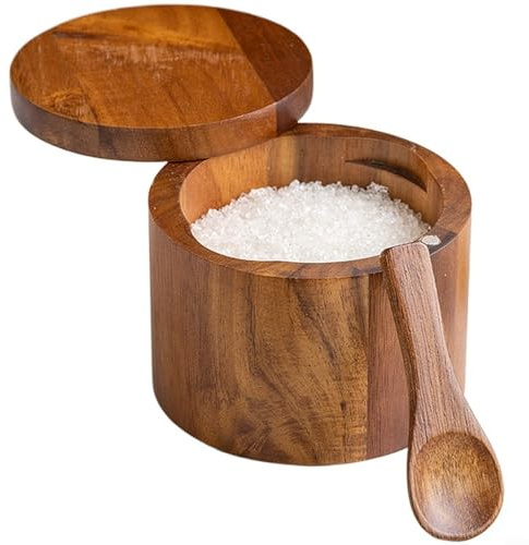 HomeVortex Salero de madera de acacia natural y tarro de almacenamiento de especias con tapa giratoria, ranura para cuchara integrada y diseño de múltiples compartimentos, para organizar condimentos y