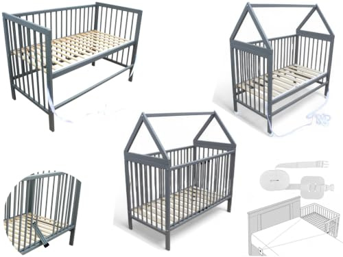 Micoland Kinderbett - Beistellbett - Babybett 120x60 cm umbaubares Bett mit Gurt, Rädern und optional Matratze (Haus grau)