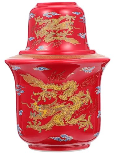 VILLCASE Set Scaldavivande in Ceramica Rosso per Liquori Superficie Liscia senza Bave, Design Semplice Stile Cinese per Uso in Casa o Hotel