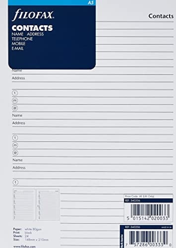A5 Filofax Contacts Refill. Name, Address, Telephone, Mobile, E-Mail.