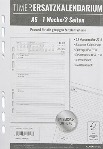 Timer Ersatzkalendarium A5 2019 - Bürokalender / Buchkalender A5 - Universallochung - 1 Woche 2 Seiten - 128 Seiten
