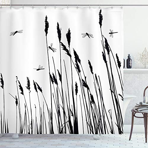 ABAKUHAUS Libelle Duschvorhang, Weizen-Feld Herbst, Stoffliches Gewebe Badezimmerdekorationsset mit Haken, 175 x 180 cm, Weiß Schwarz