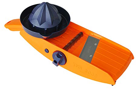 Gemüsehobel TNS 3000 (Deluxe Set in schöner Holzschatulle + Messerschutz + Ersatzmesser) (Hobel Orange/Blau, Holzschatulle - dunkel (geflammt))