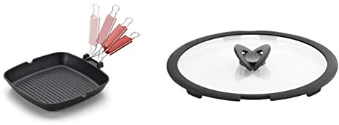 Lagostina Linea Bistecchiera Rossa Grill, Alluminio Antiaderente, Nero, 28 cm & Ingenio Induction Coperchio In Vetro, 28 Cm, Nero/Trasparente