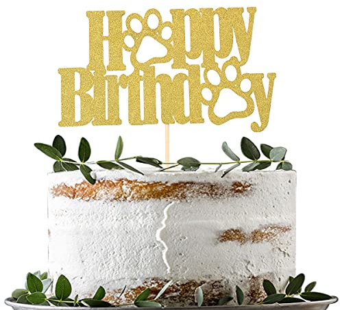 LeeLeeAn Happy Birthday Cake Topper - Gold Happy Birthday Dog Paw Cake Decorations, Pet Dog Birthday Party Cake Topper, Puppy Theme Gold Glitter Birthday Party Decorations Supplies