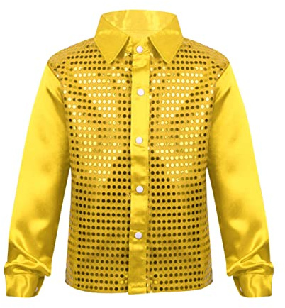 YOOJIA Kinder Jungen Pailletten Jacke Disco Hemd Langarm Glänzend Hemd Festlich Tanzkleidung Festival Karneval Fasching Tanz Kostüm Oberteil