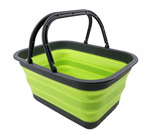 SAMMART 12L zusammenklappbare Wanne mit Griff – tragbarer Outdoor-Picknickkorb/Krater – Faltbare Einkaufstasche – platzsparender Aufbewahrungsbehälter (Grau/Grasgrün)