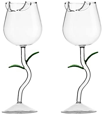 JYCRA Lot de 2 verres à cocktail en forme de rose, verres à vin rouge en forme de fleur avec feuilles réalistes pour mariage, bar, fête, vert