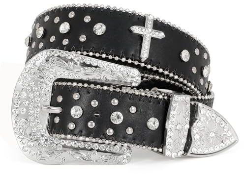 WERFORU Strass Nietengürtel für Damen Männer Western Ledergürtel für Cowgirl Cowboy Vintage Bling Gürtel für Hosen Kleid