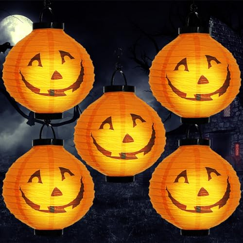 ENCOUN 5Stück Halloween Laterne, Halloween Deko Garten, Halloween Deko Kürbis Laterne, Halloween Papier Lampion für Kinder, 20cm Faltbare Halloween Lampion mit Haken für Halloween Party Dekoration