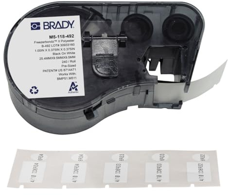Brady FreezerBondz™ Polyester-Vorgefertigte Etiketten für Etikettendrucker BMP51/BMP53/M511 - 240 Klebeetiketten - Schwarz auf Weiß (25,40 mm (B) x 9,53 mm (H) x 9,53 mm (∅)) - M5-118-492
