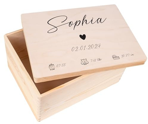 Creative Deco Erinnerungsbox Baby Personalisiert Herz mit Namen | 40 x 30 x 22 cm | Individuelle Erinnerungskiste Geschenk zur Geburt für Mädchen und Jungen | Holzkiste mit Deckel | Farbdruck