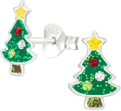 Mini Christmas Tree Earrings with Crystal Stones and Glitter - 925 Sterling Silver