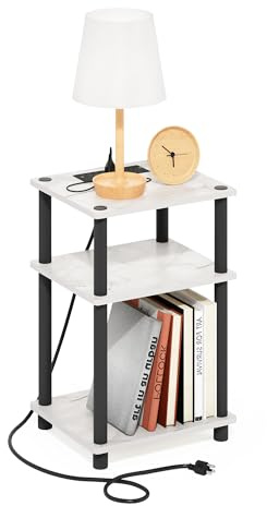 Furinno Just Turn-N-Tube USB- und Typ-C-Ladeanschluss-Endtisch mit offenem Stauraum, 3-stöckig, 29 (B) x 22 (H) x 17 (T), Marmorweiß/Schwarz