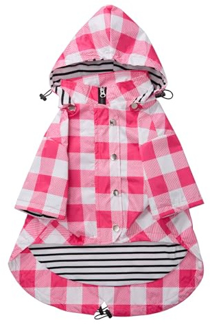 MOREZI Imperméable pour Chien, avec Boutons et Fermetures éclair réfléchissants, imperméable/Pluie, Cordon de Serrage réglable, Capuche Amovible-Rose à Carreaux-XXL