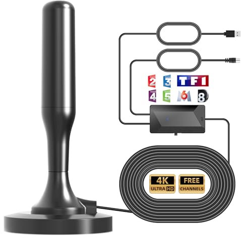 Antenne TV Intérieure Puissante - Amplificateur Antenne TV Réception Longue Portée à 360° avec Base Magnétique Solide pour Installation Facile - Prise en Charge 4K 1080p