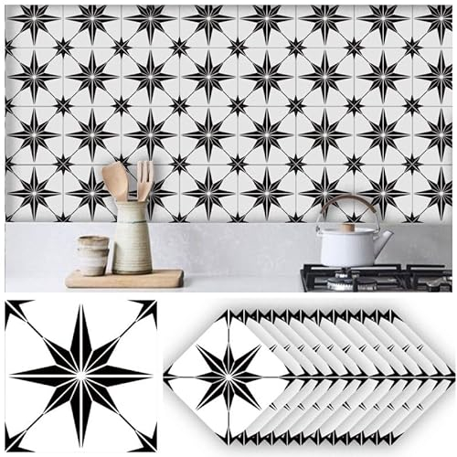Neukids 12pcs 20×20cm Black and White Tile Stickers Classic Eight-Pointed Star, Peel and Stick Adhesive Tiles,Bathroom Laundry RV Panels Fireplace Cooker Kitchen Backsplash Self Adhesive