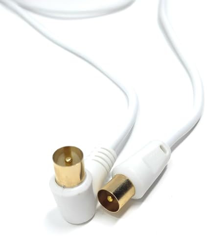 DRUT 1.5m TV Male to Male Plug Coaxial Cable RG6 Aerial Digital Antenna RF Fly Lead Cable Right Angle, White Gold 5ft