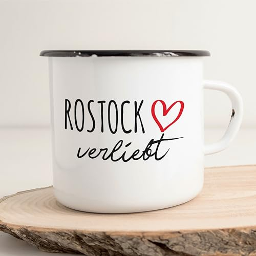 Huuraa Emaille Tasse Rostock verliebt Geschenk 300ml Vintage Emaille Becher Rostock Geschenkidee