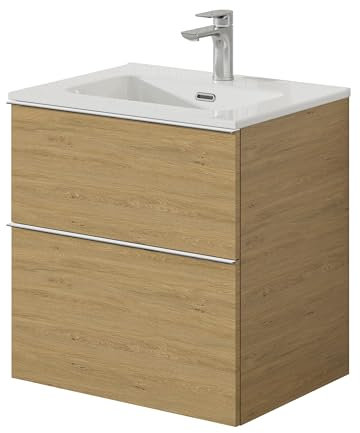 Bernstein Badmöbel-Set Lavoa 60 cm bestehend aus Waschbecken und Unterschrank mit 2 Schubladen, Waschbeckenunterschrank in Eiche, Griffe in Chrom - 5 Jahre Garantie - Waschtisch in Weiß glänzend
