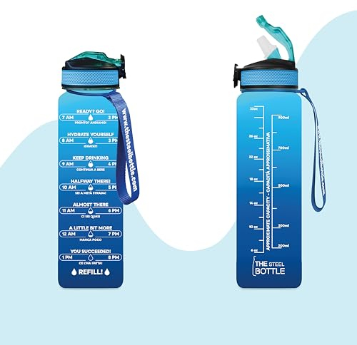 THE STEEL BOTTLE - Gourde de motivation 1 litre avec paille et créneaux horaires - BPA et Phthalate Free - Bouteille hermétique - Idéal pour le sport, le camping de gym (Blue & Aquamarine)