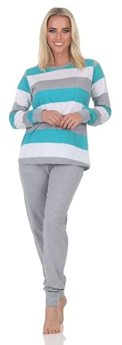 Normann Damen Schlafanzug Langarm mit Bündchen in Blockstreifenoptik - auch in Übergrössen, Farbe:grün, Größe:44-46