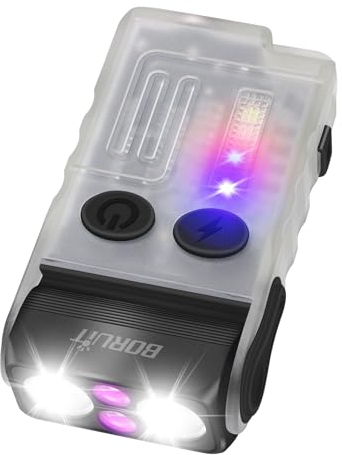 BORUIT V20 Small Torch Led Super Bright 1000 Lumen with 365nm UV Light, 180° Swivels Mini Torches USB C Rechargeable, 13 Modes Keyring Flashlight with Magnetic, Pocket Clip, 110dB Buzzer(White)